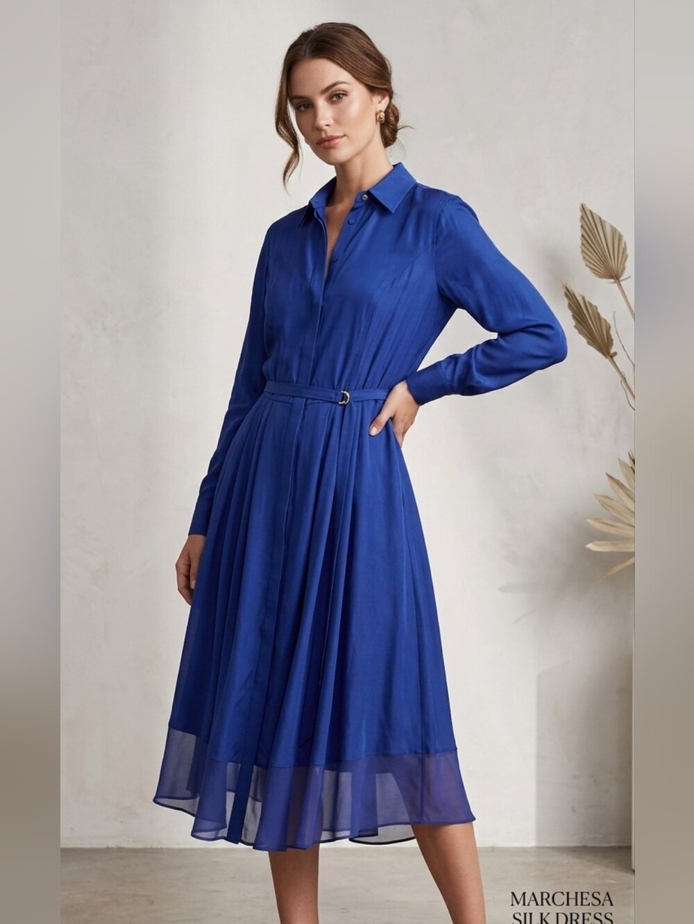 Marchesa SILK Royal Blue Long-Sleeve Pleated Shirt Dress 6
